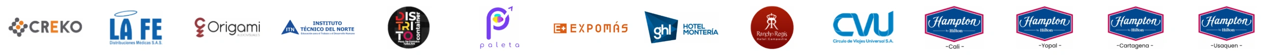 Logotipos de CREKO, La Fe, Origami, Instituto Técnico del Norte, Distrito, Paleta, Expomás, Hotel Montería, Rancho Regis, CVU y hoteles Hampton