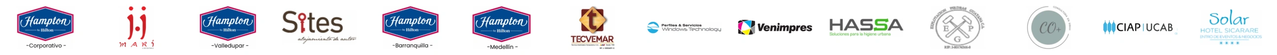 Logotipos de hoteles Hampton, Mars, Sites, Tecvemar, Perfiles y Servicios, Venimpres, HASSA, CO+, CIAP UCAB, Solar Hotel y otras organizaciones